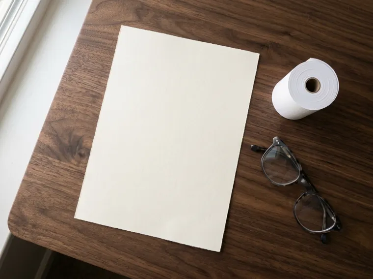 A blank certification sheet beside a roll of thermal receipt paper on a walnut desk